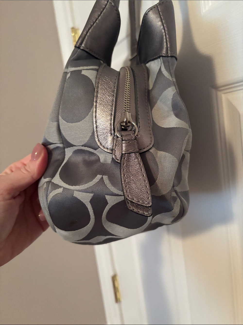 Coach Gray Signature Canvas Shoulder Bag with Leather Trim - Picture 5 of 14